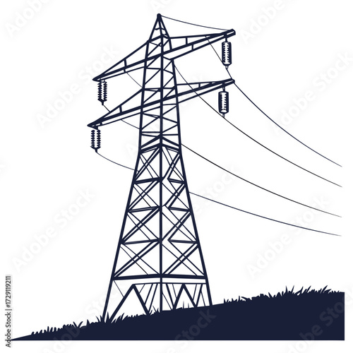 Silhouette of a tall electricity pylon with power lines stretching across a grassy hill against a white background