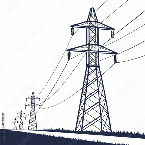 Silhouette of towering electricity pylons with power lines stretching across a landscape under a white sky