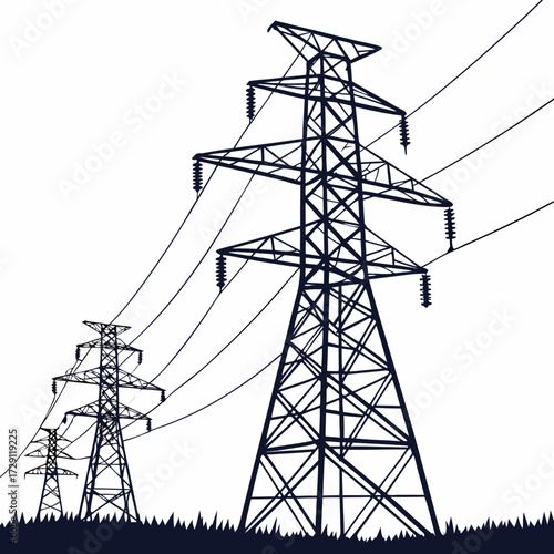 Silhouette of towering electricity pylons with power lines stretching across a white background over grass