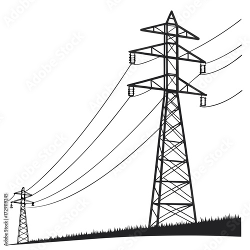 Silhouette of two tall electricity pylons supporting power lines against a white background with grass at the bottom