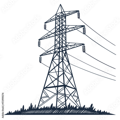 Sketch of a tall electricity pylon with wires stretching across a white background and grass at the base