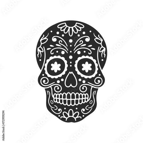 Intricate day of the dead sugar skull design on white background