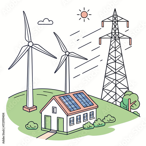 Sustainable energy sources powering a modern home with solar panels and wind turbines on a green landscape