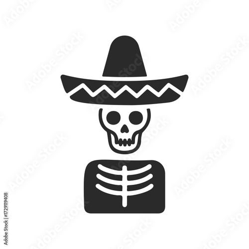Skeleton in sombrero icon: festive symbol of mexican culture and day of the dead