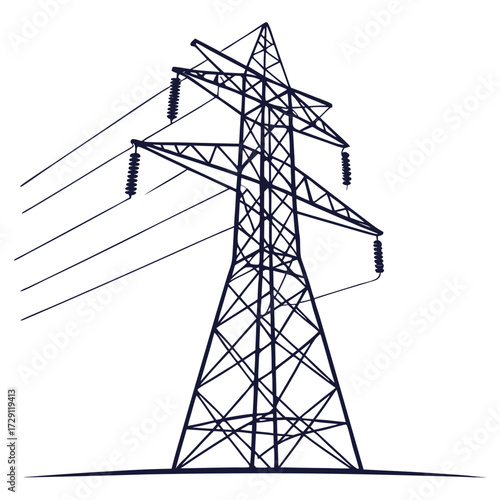 Tall industrial electricity pylon structure with power lines against a clean white background