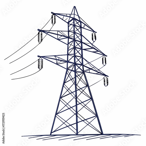 Tall dark blue metal electricity pylon with hanging wires and insulators against a white background
