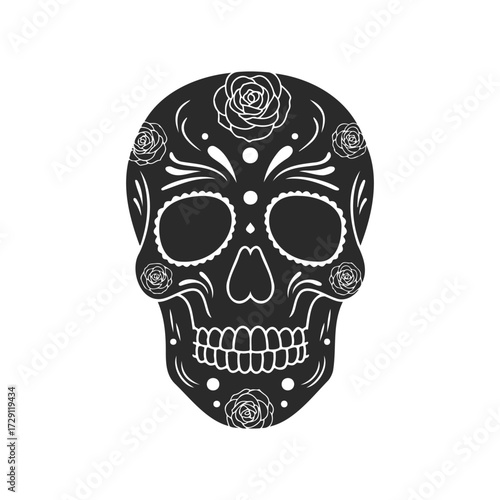Traditional black sugar skull with floral design for day of the dead celebration