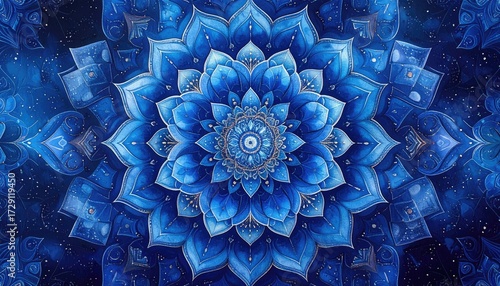 Abstract Cobalt Blue Kaleidoscope Pattern with Intricate Floral Design and Sparkling Accents on a Textured Background for Art and Design