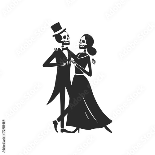 Elegant skeleton couple in formal attire dancing: halloween gothic art