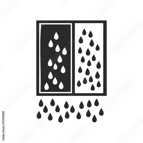 Black and white water filtration icon with water droplets and filter sections