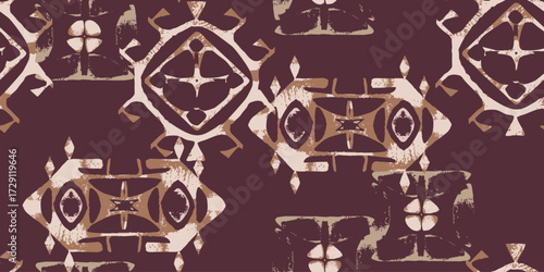 Geometric abstract tribal seamless pattern with distressed texture, Ornamental vintage ethnic inspired motif.