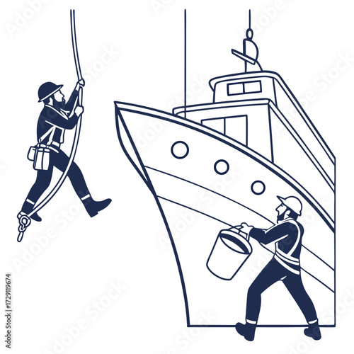 Two workers performing maintenance on a ship one rappelling down and the other holding a bucket