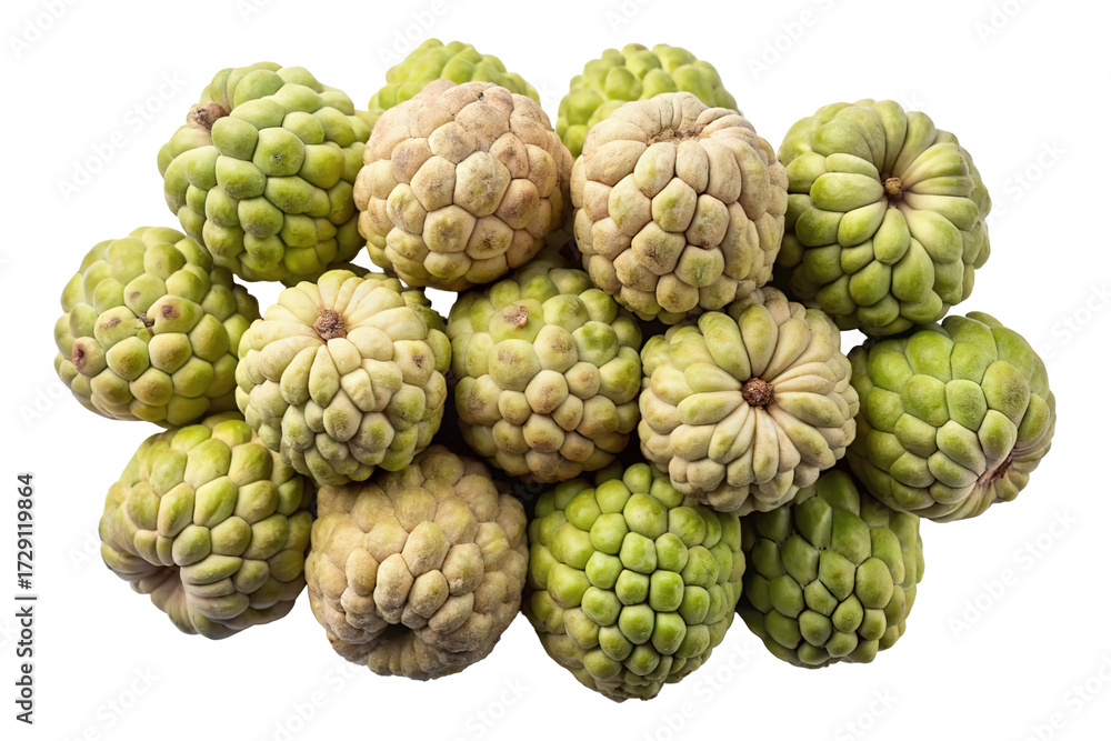 Fototapeta premium A bountiful pile of ripe custard apples with textured green and creamy white skin isolated on transparent background