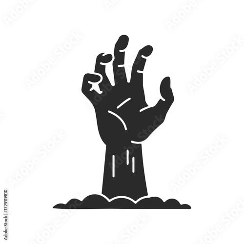 Zombie hand rising from ground silhouette on white background
