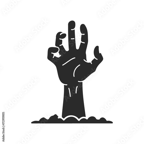 Silhouette of hand emerging from ground illustrating zombie theme