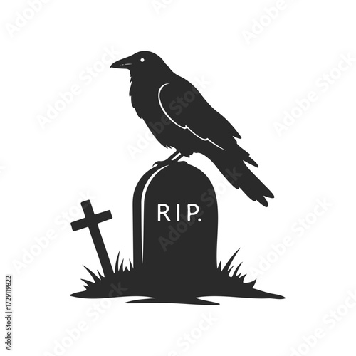 Silhouette of a raven on a gravestone with rip and cross symbol