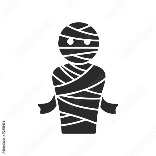 Icon of a cartoon mummy wrapped in bandages on white background