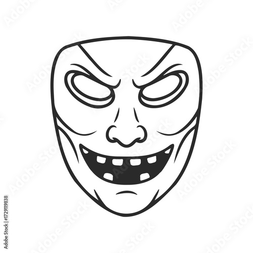 Monochrome illustration of a grinning mask with hollow eyes