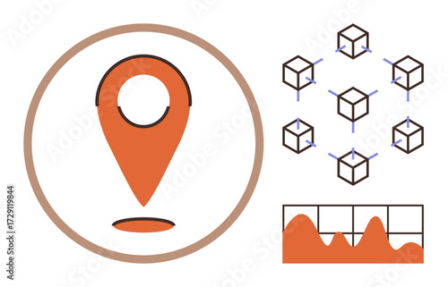 Orange location pin, blockchain cubes network, and data chart visualizing digital connectivity. Ideal for logistics, blockchain, data science, technology, business analysis, global tracking