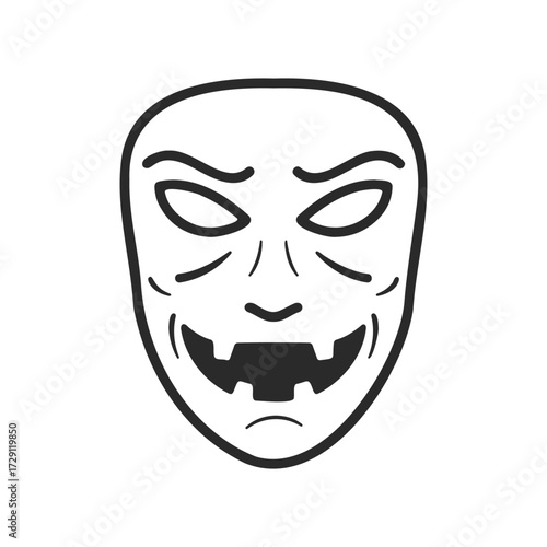 Monochrome outline of anguished mask with hollow eyes and jagged teeth