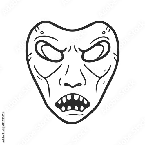 Black and white illustration of an angry alien face