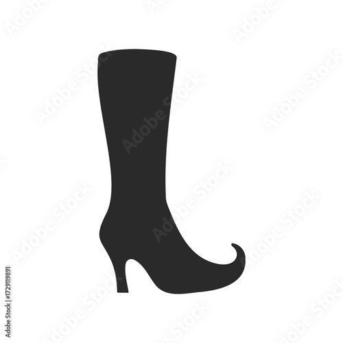 Silhouette of fashionable high-heeled boot with curved toe design
