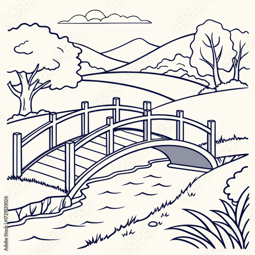 A charming arched wooden footbridge gracefully spans a gentle flowing stream in a picturesque landscape with rolling hills trees and clouds in a simple line drawing style