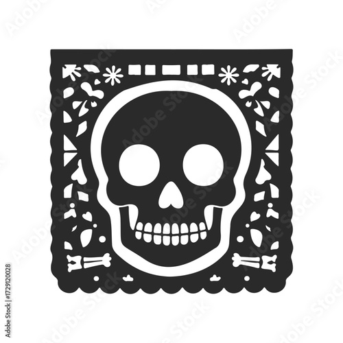 Decorative papel picado design featuring skull for dia de los muertos celebration