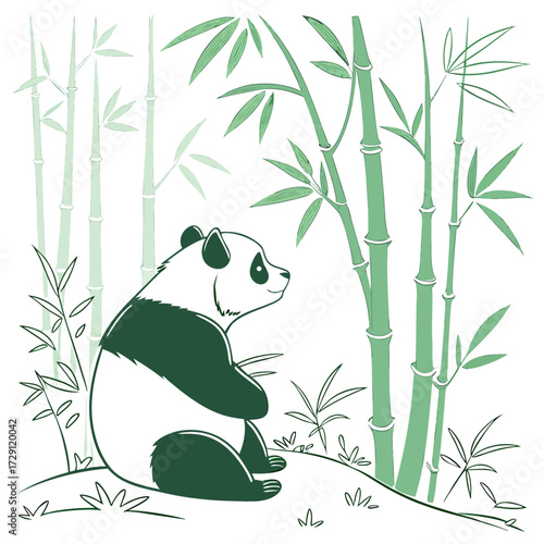A charming cartoon illustration of a cute panda bear sitting peacefully amidst a lush green bamboo forest with delicate leaves and tall stalks creating a serene natural habitat