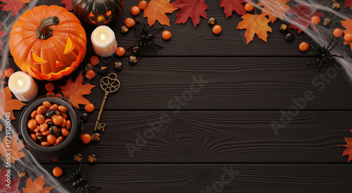 Halloween themed setup with pumpkins, spiders, keys, leaves, candles, and candy on a wooden table. Perfect for festive autumn designs.