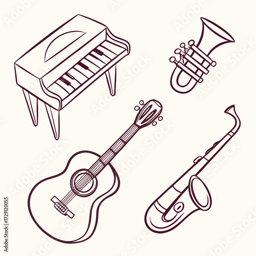 A charming collection of musical instruments including a grand piano acoustic guitar saxophone and trumpet presented in a simple line art style against a light background