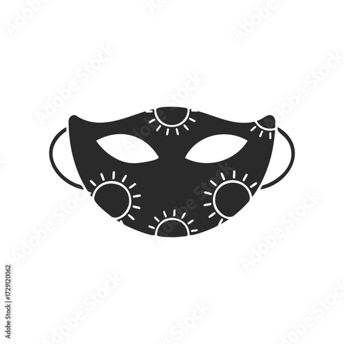 Black carnival mask with sun patterns on white background