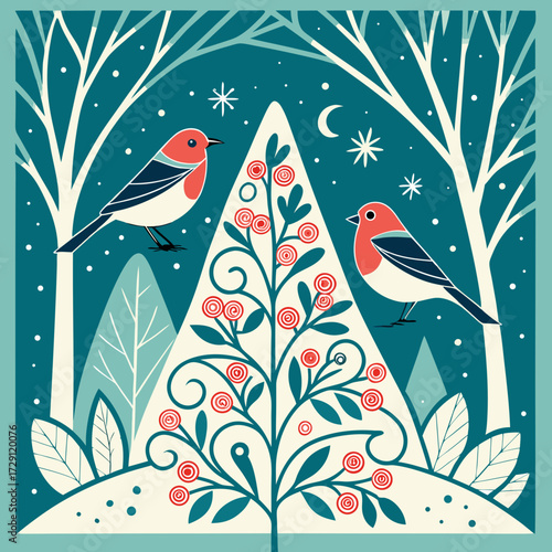 Winter scene featuring two birds perched on either side of a stylized tree with berries against a backdrop