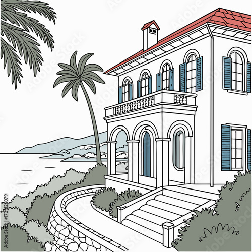 A charming hand drawn illustration of a beautiful villa with a red tiled roof and blue shutters overlooking a serene ocean with distant hills and lush palm trees