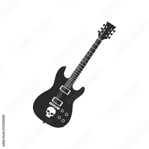 Black electric guitar with skull design on white background