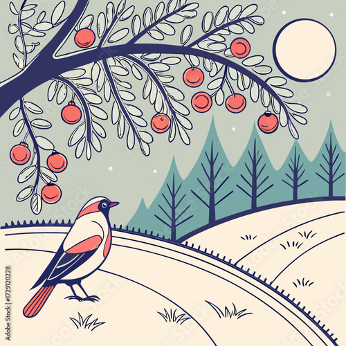 Charming illustration of a robin perched beneath an apple tree in a serene winter landscape under a full moon