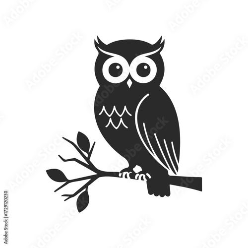 Silhouette of owl perched on branch with leaves in minimalist design