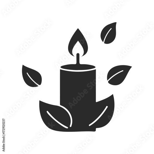 Silhouette of aromatherapy candle with leaves on white background