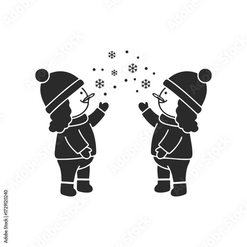 Children playing with snowflakes – winter fun silhouette illustration
