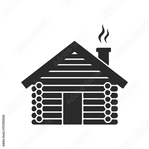 Rustic wooden cabin icon with chimney and smoke