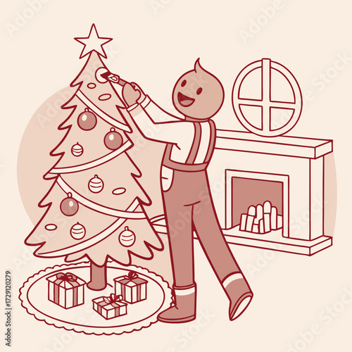 Whimsical Cartoon of a Cheerful Character Decorating a Christmas Tree Next to a Cozy Fireplace