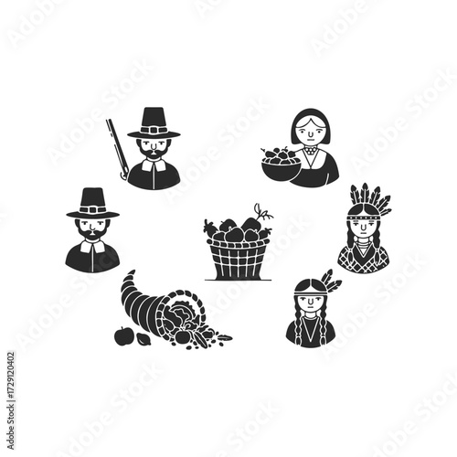 Thanksgiving symbols with pilgrims and native americans in traditional attire