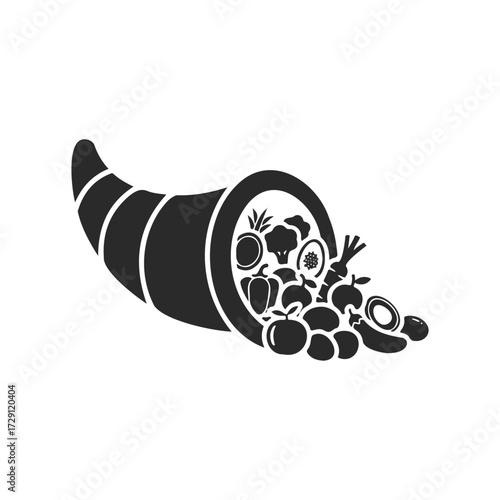 Silhouette of cornucopia with fruits and vegetables on white background