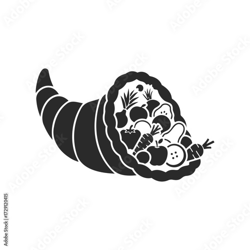 Cornucopia silhouette with fruits and vegetables: abundance and harvest symbol