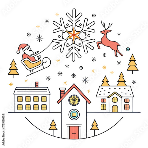 Festive Christmas village scene with Santa Claus, reindeer, and decorated trees under a snowflake