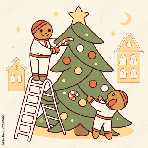 Two gingerbread people cheerfully decorate a Christmas tree with ornaments and candy canes on a ladder, with cozy houses in the background