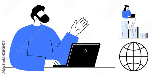 Person gesturing during laptop video call, woman on bar graph with laptop, globe. Ideal for communication, teamwork, virtual learning, global networking, remote work, technology digital growth