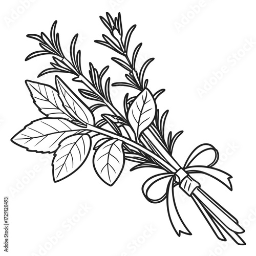 A simple line art illustration of a bouquet of fresh rosemary and sage herbs tied together with a delicate ribbon bow perfect for culinary or decorative design