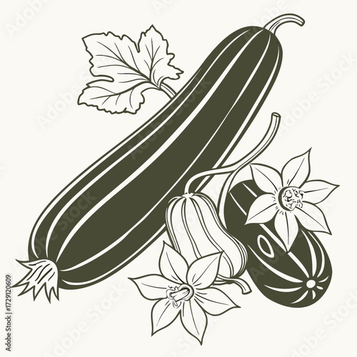 A stylized graphic illustration featuring a large dark green zucchini alongside a smaller squash and a cucumber adorned with delicate leaves and blossoms against a pale background