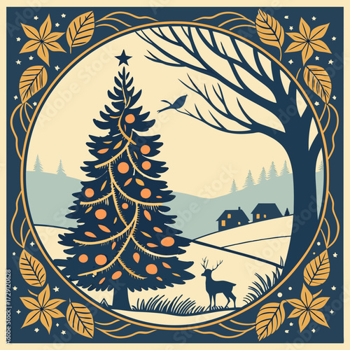 Holiday Season Scene Festive Christmas Tree, Winter Landscape, Reindeer and Serene Nature Illustration